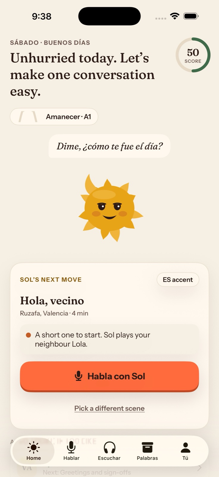 Soltura home screen with a Spanish conversation prompt, lesson card, and the five learning tabs.