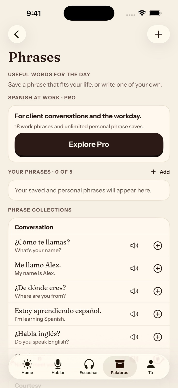 Soltura phrasebook showing everyday Spanish expressions with English meanings and controls to save a phrase.