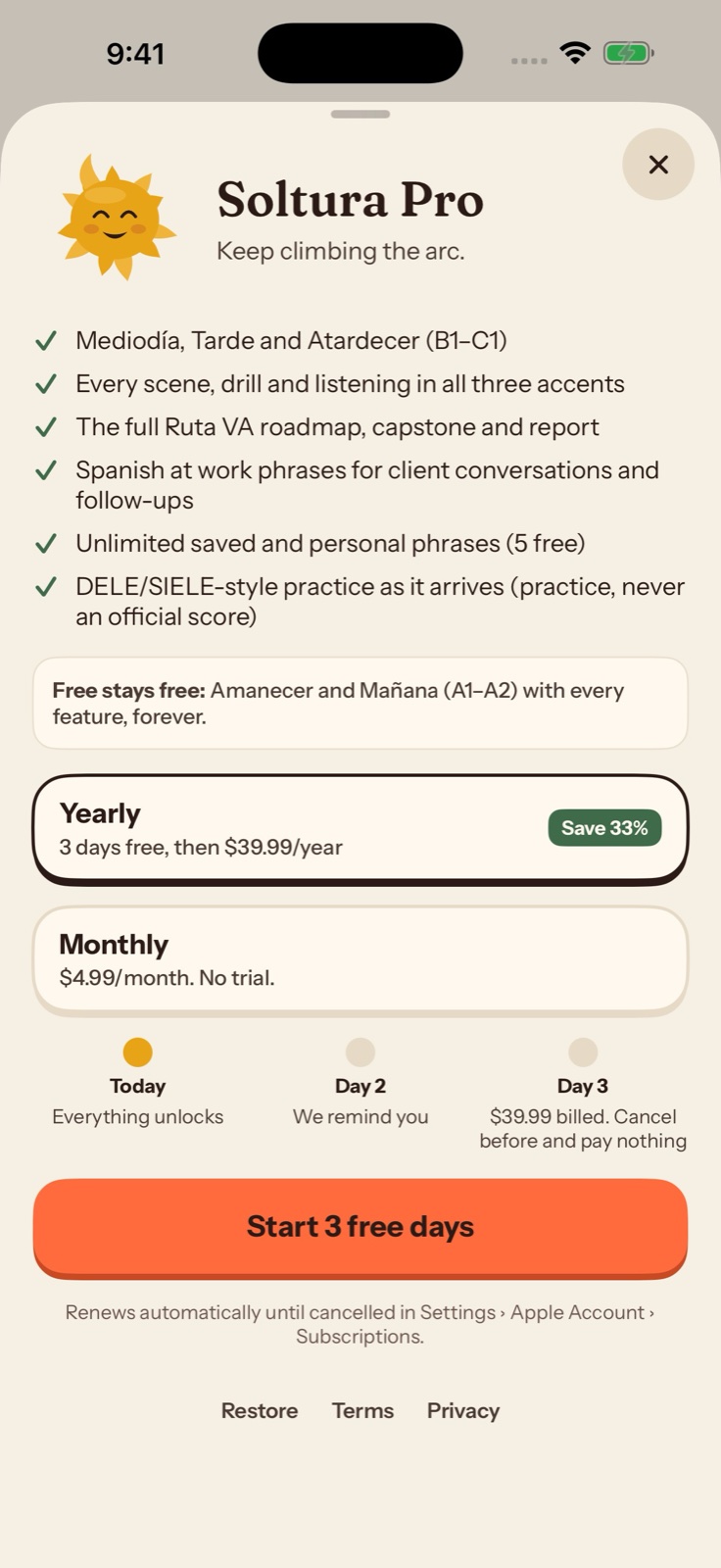 Soltura Pro screen comparing annual and monthly subscription options and showing what each plan unlocks.