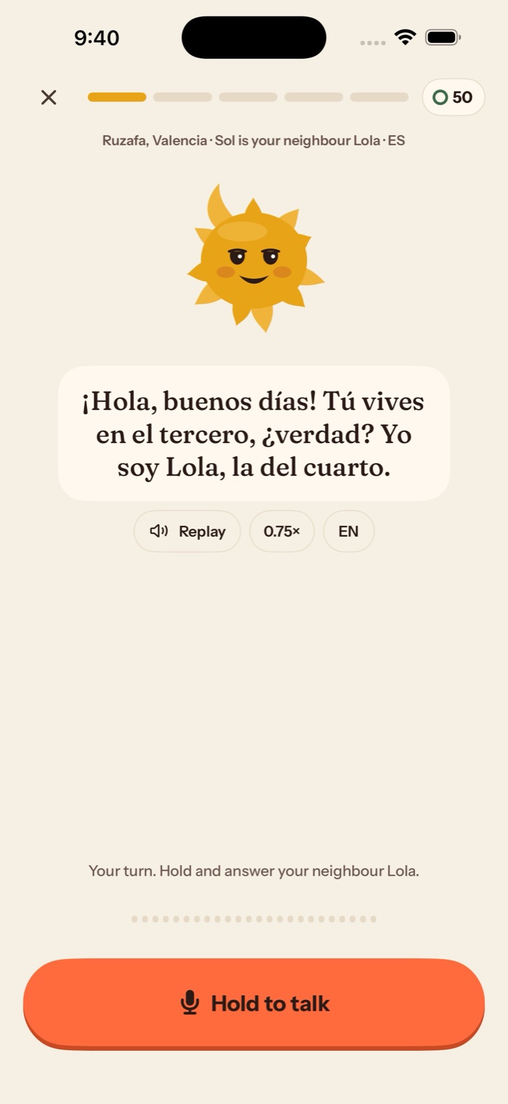 Soltura spoken scene with a Spanish character line, replay controls, and a hold-to-talk button.