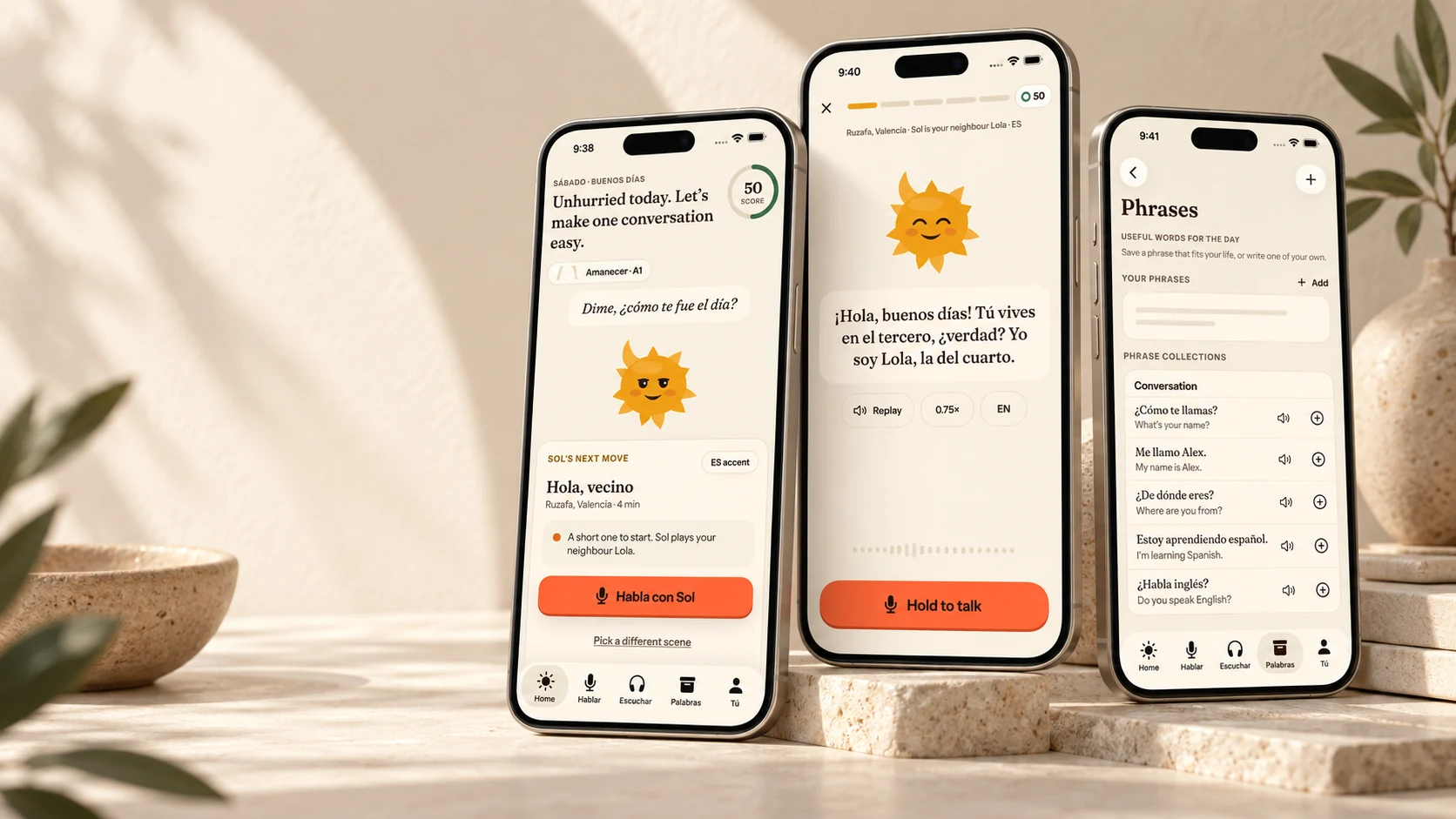 Illustrated three-phone composition inspired by Soltura’s lesson, spoken scene, and personal phrasebook screens.
